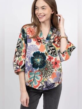 IVY JANE Floral Tea Party Popover Cotton Top In Multi Size S/M
